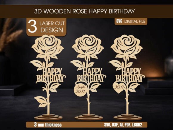 3D Wooden Rose Happy Birthday SVG